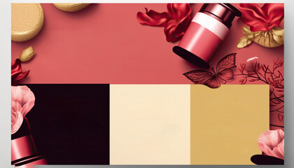 Advertising banner with decorative cosmetics, make-up products discount brochure with copy space. AI generative image.