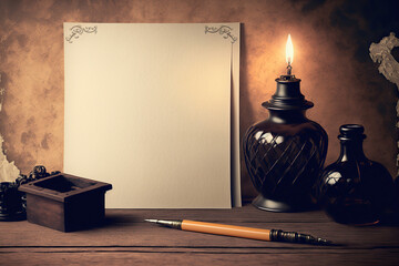 Vintage background with candle, parchment, inkwell and fountain pen. Calligraphy tools. Copy space. AI generative image.