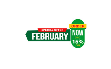 15 Percent FEBRUARY discount offer, clearance, promotion banner layout with sticker style.