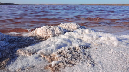 Kuyalnik estuary, Black Sea. Self-precipitating salt at the bottom and bank of the estuary. Table salt crystals