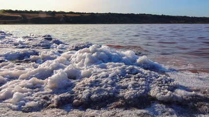 Kuyalnik estuary, Black Sea. Self-precipitating salt at the bottom and bank of the estuary. Table...