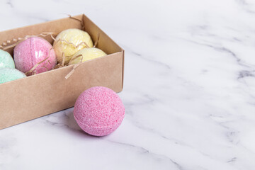 Bath bombs in gift box. Pink bath bomb. Space for text. Handmade gift 