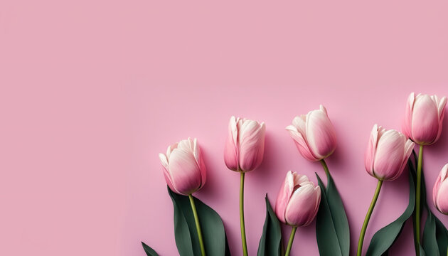 Empty clean solid pink background with fresh tulip flowers and copy space. Springtime holidays horizontal greeting card template. AI generative image.
