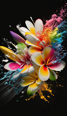 Fototapeta premium Beautiful abstract plumeria flowers with bright colored powder explosion. Floral mobile vertical splash screen template. AI generative image.