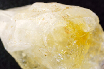 Crystal of Citrine yellow quartz mineral gem stone. Close up, macro