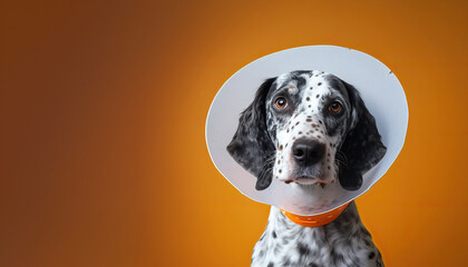 Portrait of sad dog wearing Elizabethan collar, protective plastic vet cone. Domestic animals health care. AI generative image.