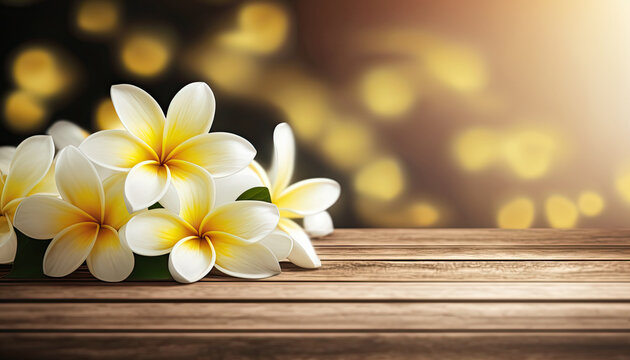 Beautiful Frangipani Plumeria flowers on wooden background with copy space. AI generative image.