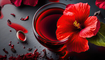 Red hibiscus hot herbal tea with flowers on background. AI generative image.