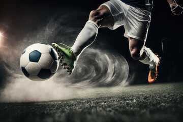 Professional football or soccer player in action on stadium with flashlights, kicking ball for winning goal, wide angle. Concept of sport, competition, motion, overcoming. (ai generated) - obrazy, fototapety, plakaty