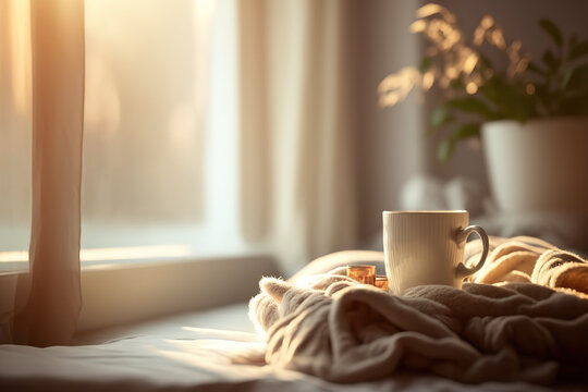 Illustration of cozy morning in the bedroom. Cup with hot drink indoor background with copy space. AI generative image.
