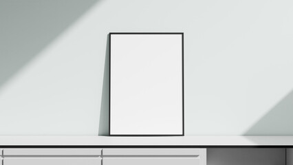 Home interior poster mockup with thin frame on white wall background. 3D rendering.