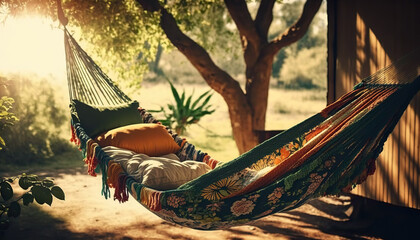 Comfortable cozy hammock in boho style hanging on trees on outdoor sunny nature background. Backyard blurred backdrop. AI generative image.