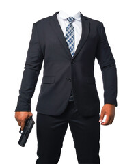 The bodyguard was wearing a black suit and holding a pistol. On transparent background, PNG file.