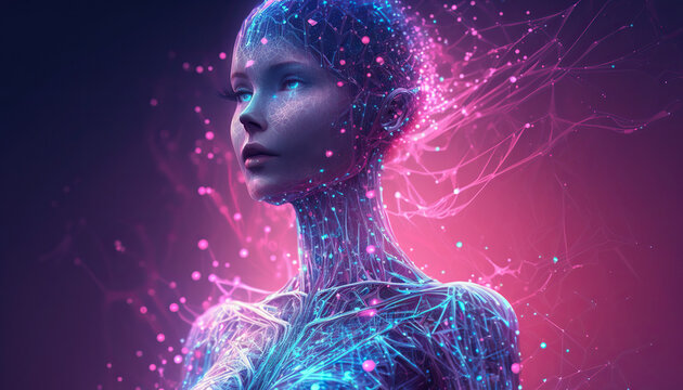 Beautiful close up portrait of female humanoid, digital artificial intelligence concept. Pink and blue neon background. Cyber woman neural network sci-fi illustration. AI generative image.