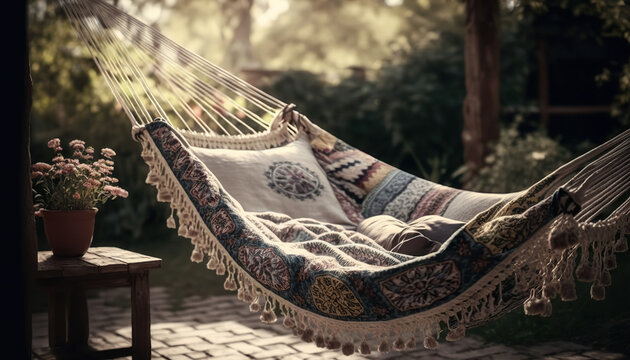 Comfortable cozy hammock in boho style hanging on trees on outdoor sunny nature background. Backyard blurred backdrop. AI generative image.