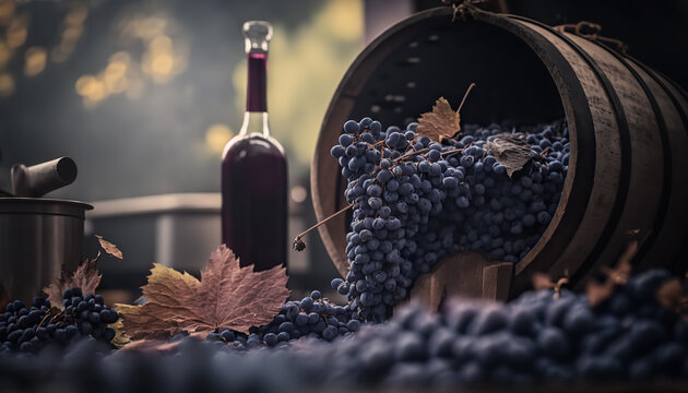 Winemaking illustration concept background. Vine grape. AI generative image.