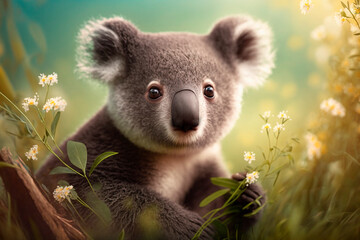 Koala sits on a green meadow in spring among flowers AI generated content