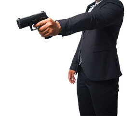 The bodyguard was wearing a black suit and holding a pistol. On transparent background, PNG file.