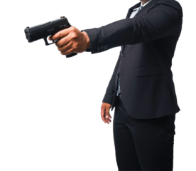 The bodyguard was wearing a black suit and holding a pistol. On transparent background, PNG file.