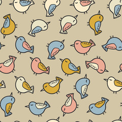 Seamless pattern with funny colorful birds. Color flat vector illustration with little cartoon bird. Cute characters. Template design for invitation, poster, card, flyer, textile, fabric for kids