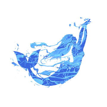 Blue paint vector silhouette of a swimming mermaid on a white background
