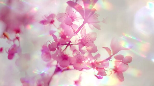 Blooming sakura branch in bright multicolored highlights on white background. Slow motion turning panoramic view. Brilliant nature.