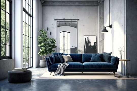 Interior of living room loft style with navy sofa with concrete wall on concrete white floor