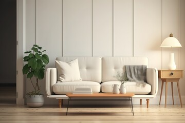Minimal concept. interior of living beige fabric sofa, wooden table on wooden floor and white wall