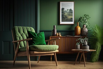 modern mid century green living room with wooden armchair generative ai