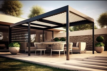 Modern patio furniture include a pergola shade structure, an awning, a patio roof, a dining table, seats, and a metal grill generative ai