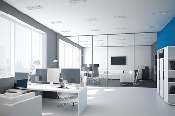Fototapeta na wymiar Modern white and blue open space office interior generative ai