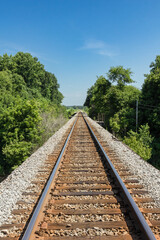 Vertical shot of railroad track leading to horizon surrounded by lush green trees and clear blue sky