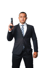 Naklejka premium A bodyguard wearing a black suit holds a pistol. On transparent background, PNG file.