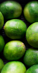 Top view of green limes on a dark background, Flat lay of organic green limes