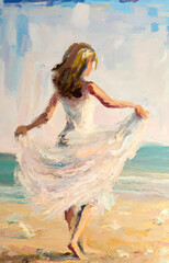 A painting of a woman in a white dress on a beach