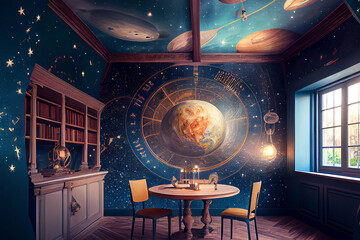 Fantasy astronomer room, astronomer kids room interior, generative ai