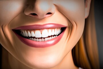 Fototapeta premium Portrait of a smiling young attractive woman showing beautifully groomed white teeth after dental hygiene at the dentist. AI generative