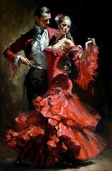 Generative AI illustration of Young couple dancing flamenco - obrazy, fototapety, plakaty