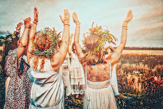 Women in flower wreath on sunny meadow, Floral crown, symbol of summer solstice. Painting effect.