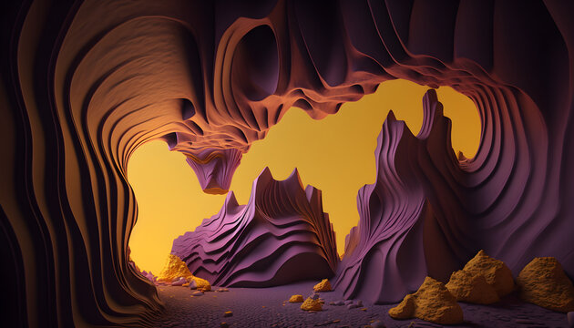 3D Rendered Cave with Yellow and Purple Undulating Forms