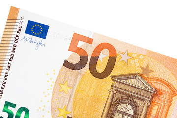 Fifty euro banknote on white background.