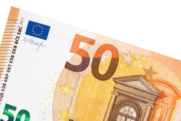 Fifty euro banknote on white background.