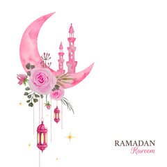 Ramadan greeting design, watercolor crescent moon and minarets decorated with pink roses bouquet and hanging lanterns illustration