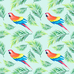 A pattern of tropical macaws. Watercolor illustration. Monstera. Plumeria. Home decoration. Rainforest.