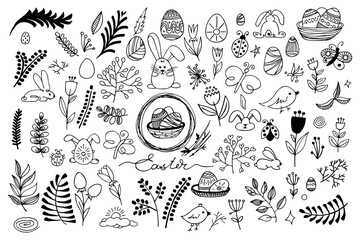 Vector hand drawn Easter pictures in doodle style. Line art illustrations for greeting card design, for design of a poster, banner, print.