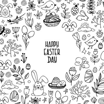 Vector hand drawn background. Easter pictures in doodle style. Line art illustrations for greeting card design, for design of a poster, banner, print.