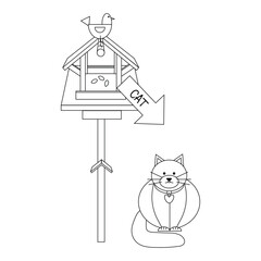 Bird feeder with an arrow pointing to a cat and an inscription. Black line drawing, scribble on a white background.