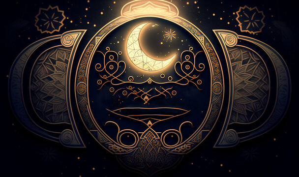A vintage and artistic Ramadan Mubarak design, featuring a crescent moon, mosque dome, and decorative lanterns with bohemian flair