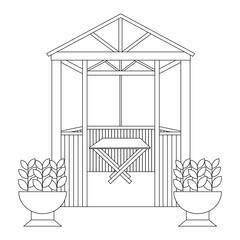 Garden house with table inside and flower beds outside, black line drawing, doodle isolated on white background.
