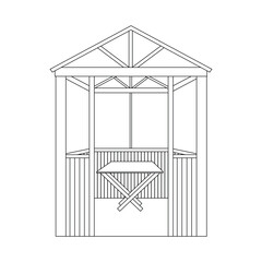 Summer house a table inside, black line drawing, doodle isolated on white background.